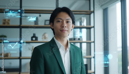 Young asian businessman standing in a modern office surrounded by advanced virtual data displays representing future technology Free Download Young asian businessman standing in a modern office surrounded by advanced virtual data displays representing future technology - GFXLoad