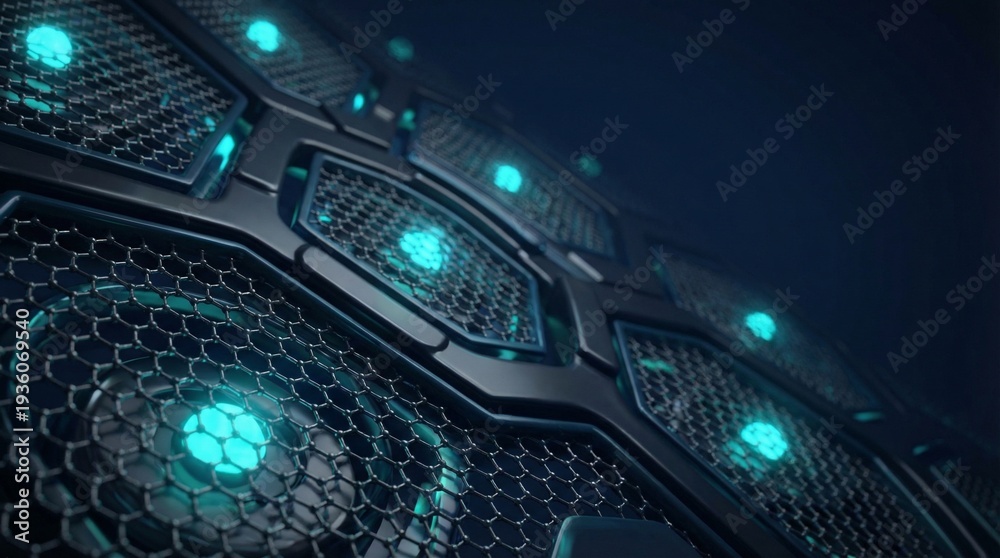Fototapeta premium Microscopic Clean Energy Matrix with Hexagonal Graphene and Glowing Nodes