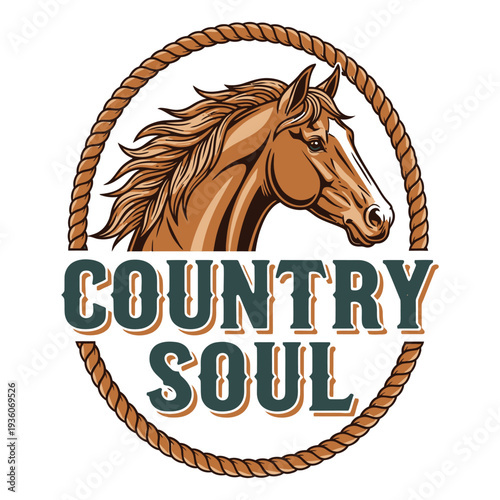 Country soul logo with horse head and rope circle tshirt design