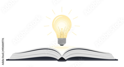 Open book with glowing lightbulb emerging, symbolizing idea generation, creativity, and learning from a central educational concept