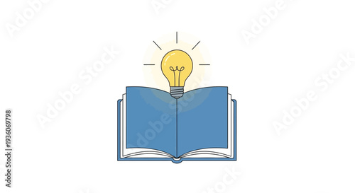 Illustration of an open book with a glowing lightbulb emerging from its pages symbolizing creativity and knowledge