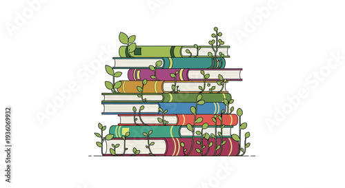 Colorful Books Stacked with Sprouting Plants Illustration from a Front View