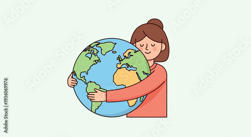 Illustration of a woman embracing the planet Earth from a side viewpoint.