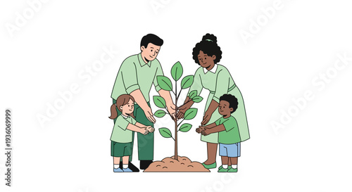 Family Planting a Tree Together in the Garden Illustration