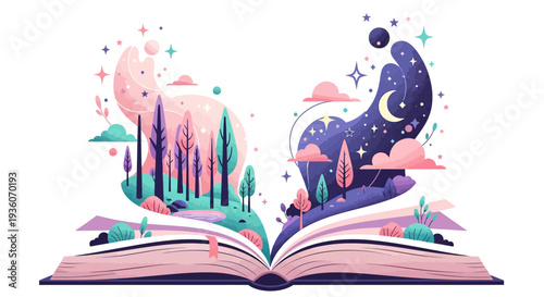 An open book with whimsical illustrations of fantastical landscapes and celestial bodies rising from its pages, viewed from a direct perspective.