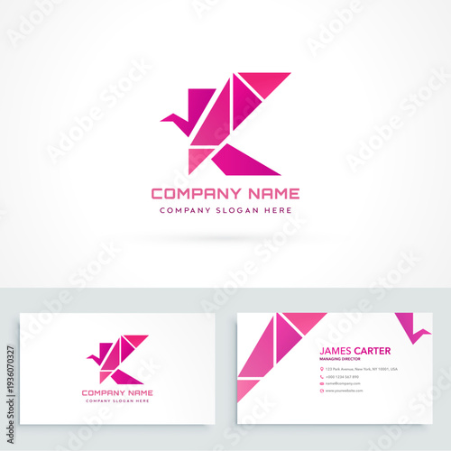Colorful letter K bird abstract geometric logo with visiting card