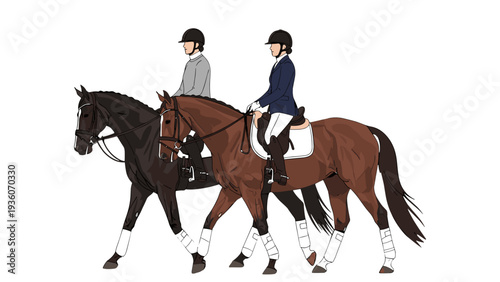 Equestrian Riders on Horses Vector Illustration Sport Horseback Riding
