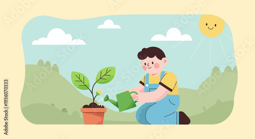 A smiling person in overalls watering a young plant in a pot outdoors on a sunny day with rolling hills in the background.
