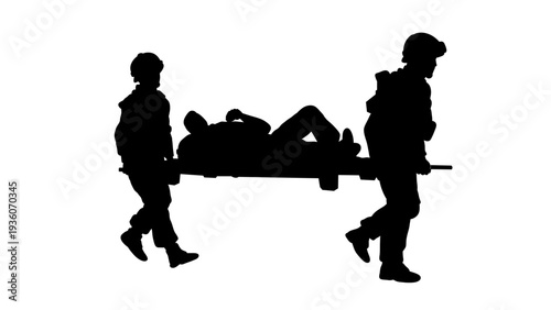 Military Medical Evacuation Silhouette Soldiers Carrying Stretcher Vector
