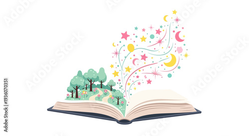 An open book with whimsical illustrations of trees and stars emerging from its pages, viewed from directly above.