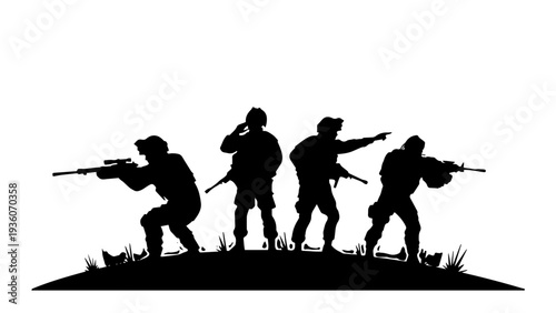 Group of Soldiers Silhouette in Tactical Combat Positions Vector

