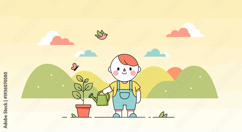 Fototapeta premium A cartoon child in overalls waters a potted plant in a serene landscape with flying butterflies and clouds