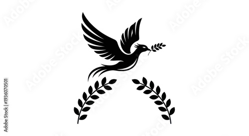 Flying bird silhouette with olive branch symbol
