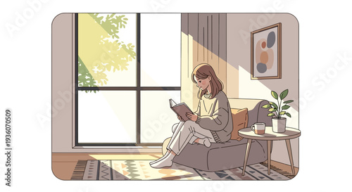 Woman reading book beside window with sunlight in a cozy living room illustration