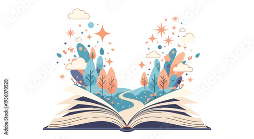 Whimsical illustration of an open book with fantastical elements and abstract shapes emerging from its pages, surrounded by stars, clouds, and vibrant flora