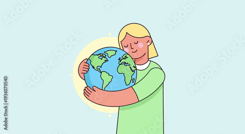 Woman holding the Earth with care and love, embracing the globe with both hands in a gentle manner