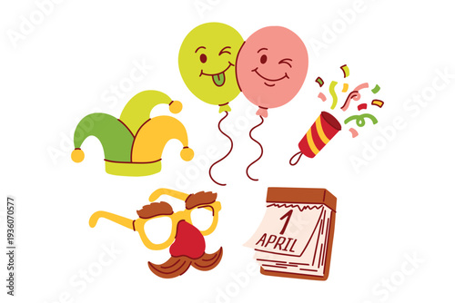 April 1st festive kit with jester hat balloons and disguise glasses for fool day party invitations and playful school activities