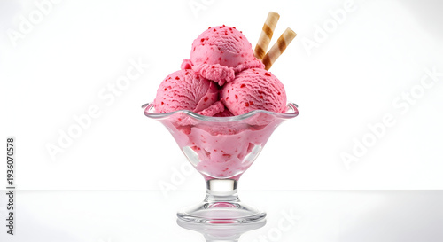 Delicious strawberry ice cream served in a crystal glass bowl with wafer cookies, a delightful dessert presentation showcasing vibrant pink hues and a sweet, tempting treat.