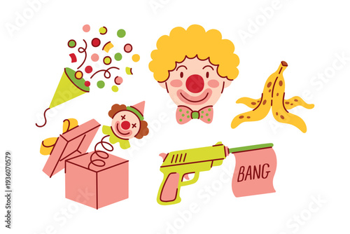 Set of classic prank items featuring clown head jack in the box and toy gun for April Fools Day celebration and humorous social media content