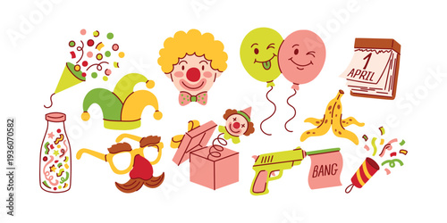 Large collection of April Fools Day icons including clown face jester hat banana peel and party poppers for playful holiday designs and funny greeting cards