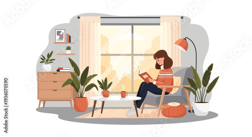 Woman relaxing in a cozy living room with plants and reading a book near a window with natural light