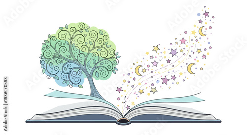 An open book with a tree emerging and magical elements flowing out, representing knowledge and imagination in a whimsical illustration.