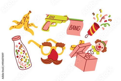 Collection of joke items like banana skin and fake nose glasses for April Fools Day decorations and funny blog post illustrations
