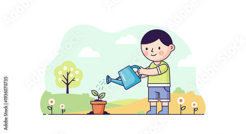 Young boy watering a small potted plant in a serene garden landscape with trees outdoors