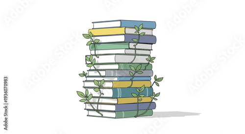 A stack of colorful books with green vines wrapped around it, viewed from the side on a plain surface