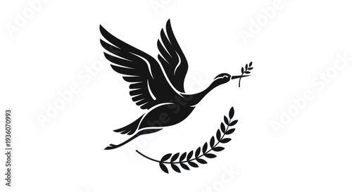 Flying bird symbol with olive branch