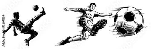 Dynamic linocut style illustration of professional football players in action performing a bicycle kick