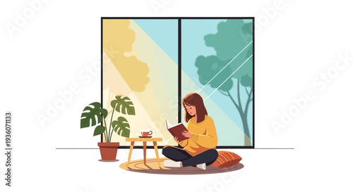 Woman reading book on cushion near window with plants and table in serene indoor setting