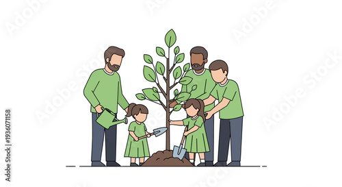 Family Planting a Tree Together, Focusing on Children Watering and Adults Guiding, Illustrated Scene
