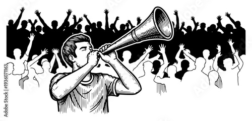 Enthusiastic sports fan blowing a horn with a cheering crowd in woodcut drawing style