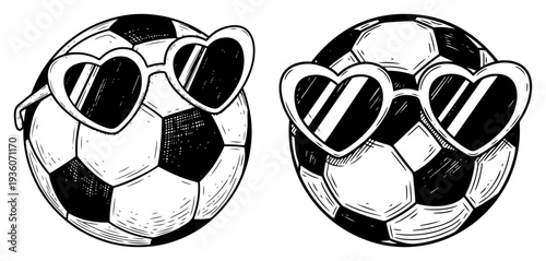 Engraving style illustration of two soccer balls wearing heart shaped sunglasses in a vintage look