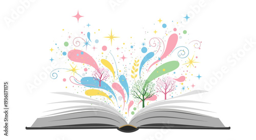 An open book with colorful swirling designs and plants emerging from its pages