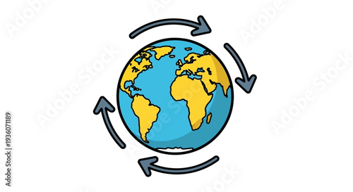 Global Rotation Illustrated with Arrows Indicating Earth's Movement Around the Axis in a Simple Graphic