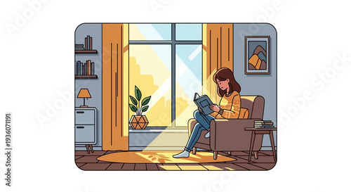 Woman relaxing on a couch with a cat in a cozy living room, viewed from the side, digital illustration