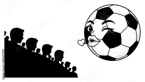 Vintage woodcut style illustration of a soccer ball character blowing a kiss to a crowd of fans