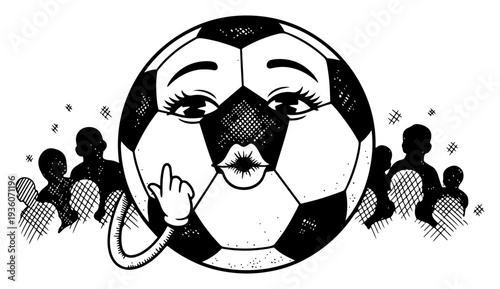 Vintage engraving style illustration of a cute soccer ball character blowing a kiss to a crowd