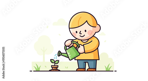 A young child watering a small plant in a garden from a green watering can