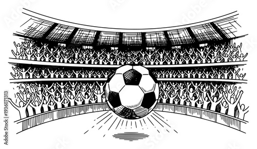 Classic woodcut style sketch of a large soccer ball in a packed stadium with cheering fans