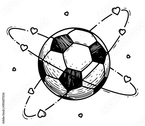 Engraving style illustration of a soccer ball surrounded by orbital rings with heart shapes