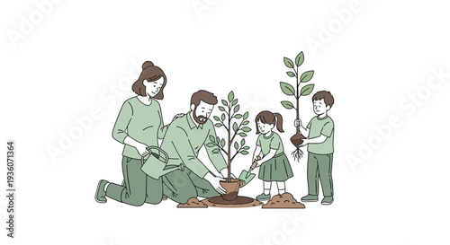 Family Planting Trees Together in a Garden Scene