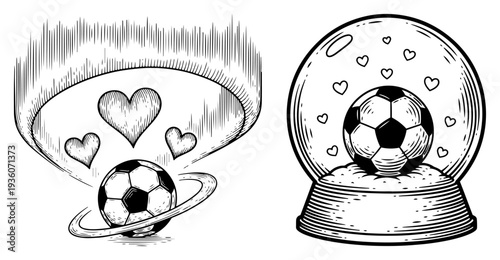 Hand drawn woodcut style illustration of soccer balls featuring romantic heart elements and a decorative snow globe