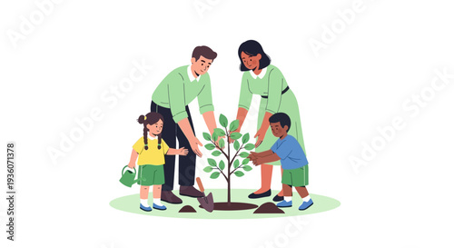 Family Planting Tree Together in a Sunny Garden Scene Illustration