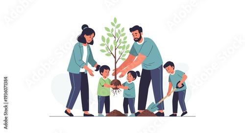 Family Planting Tree Together Outdoors Vector Illustration