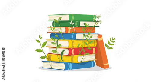 A vibrant stack of colorful books surrounded by lush greenery viewed from a slight angle