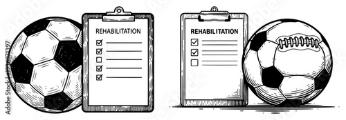 Woodcut style illustration of soccer balls next to rehabilitation clipboards symbolizing sports injury recovery