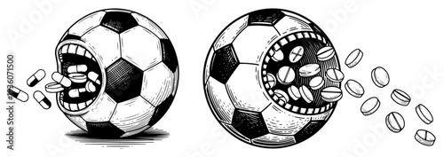 Woodcut style illustration of soccer balls with mouths full of pills representing doping in sports